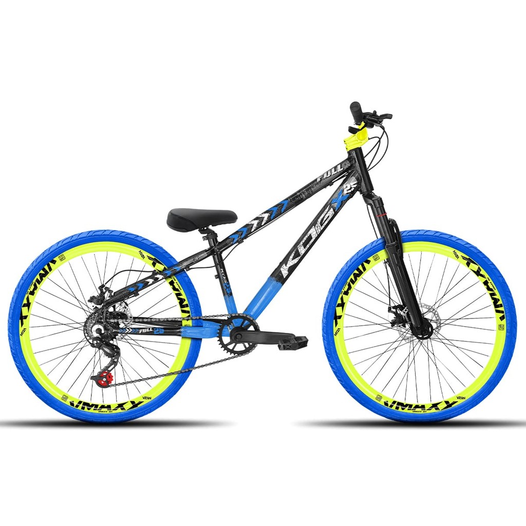Bicicleta aro 26 KOG Freeride 1x7 Preto e Azul Vmaxx Amarelo Neon - Pneus Azul - Mesa Curta Amarelo - Guidão Amarelo