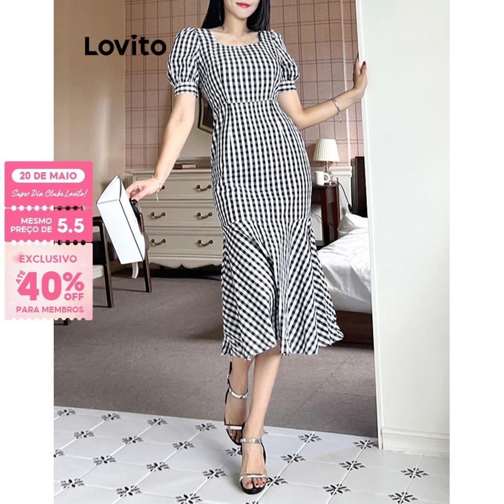 (Trendy) Lovito Vestido casual com padrão de costura em tecido guingão para mulheres L109MD173 - Women Clothes