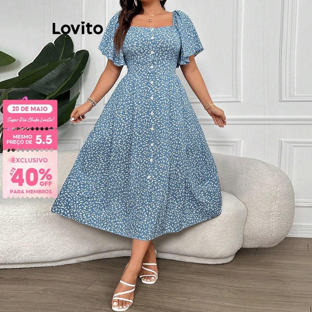 (Trendy) Lovito Vestido Elegante Curva Plus Size Ditsy Floral Botão Vestido De Verão/Primavera Para Mulheres LBL20308 - Women Clothes