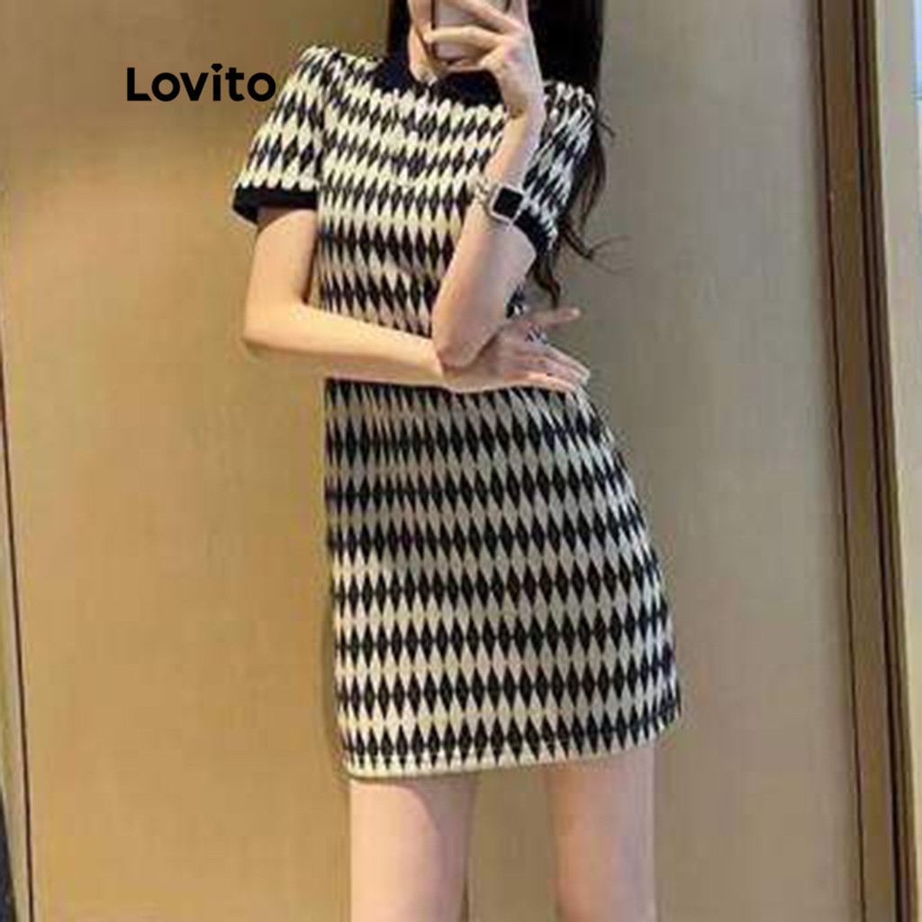 (Trendy) Lovito Minivestido Feminino Casual Argyle Com Decote Redondo E Decote Redondo LNA06010 (Multicolorido) em Oferta na Shopee