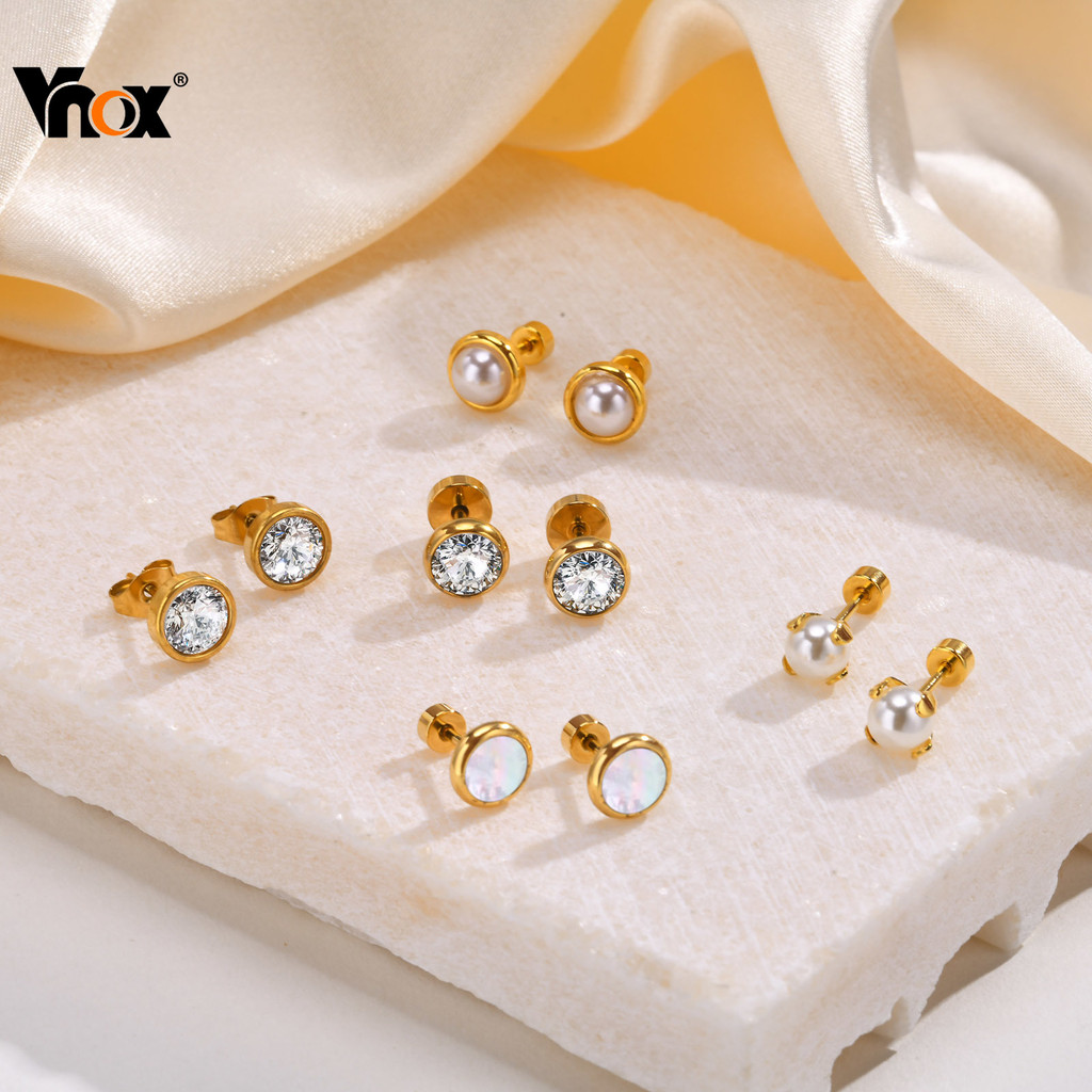 Vnox Clássico Pérola Zircão Cúbico Redondo Brincos Para Mulheres Homens , Hipoalergênicos De Aço Inoxidável Jóias Presen em Oferta na Shopee