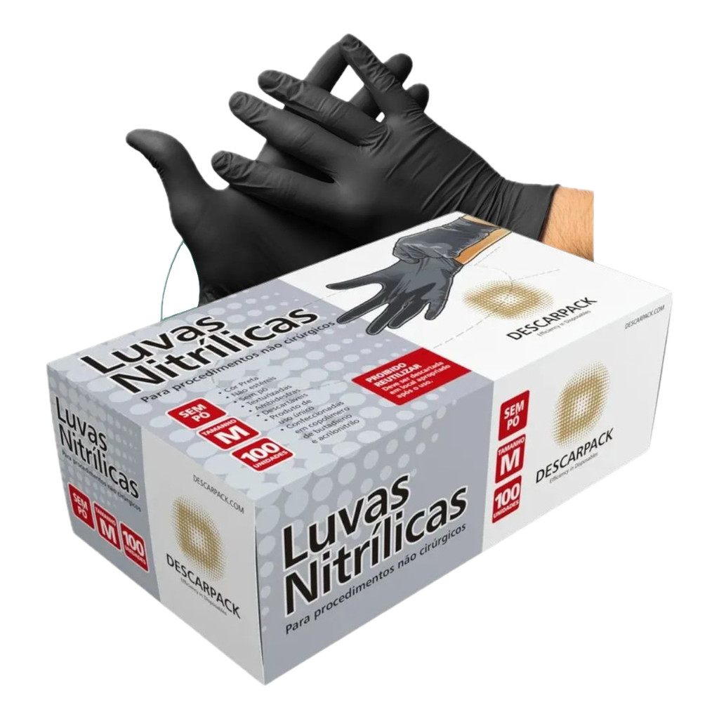 Luva Descartável Nitrílica Sem Pó Preta M - 100un Descarpack