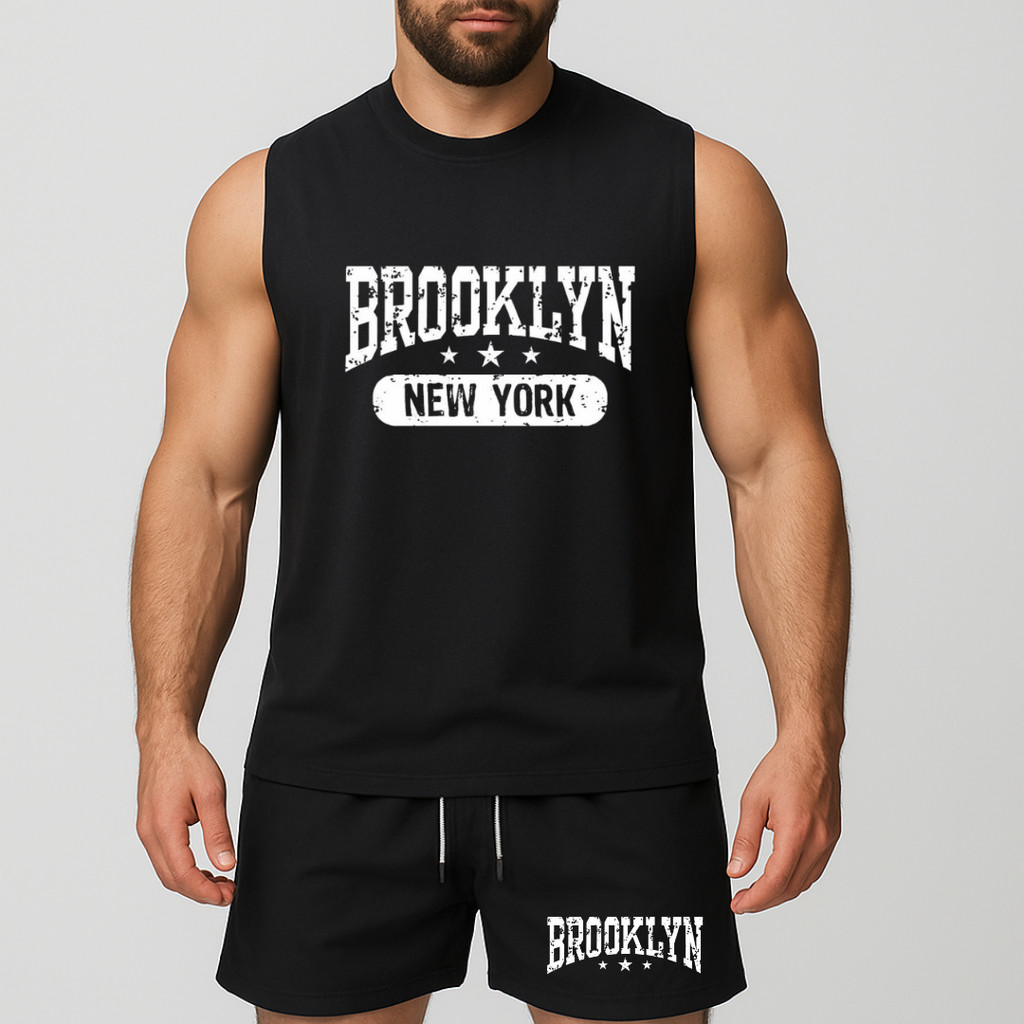 conjunto regata oversized e short de tactel de academia másculino estampada brooklyn new york