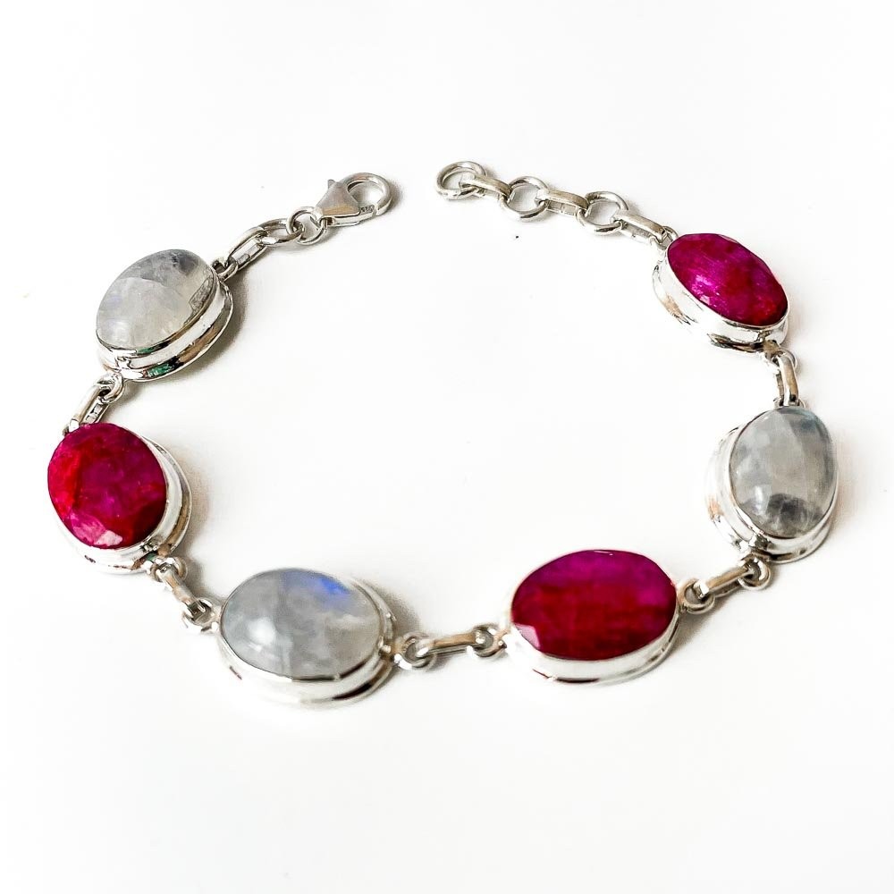 Pulseira Pedra da Lua e Rubi Indiano Ovais Prata 925 19,5cm