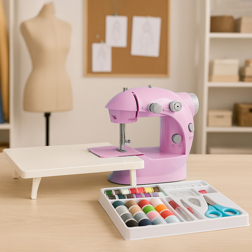 Imagem Mini Maquina de Custura Portatil com Mesinha e Kit de Costura Fonte de Alimentação Bivolt ou Pilha 💕