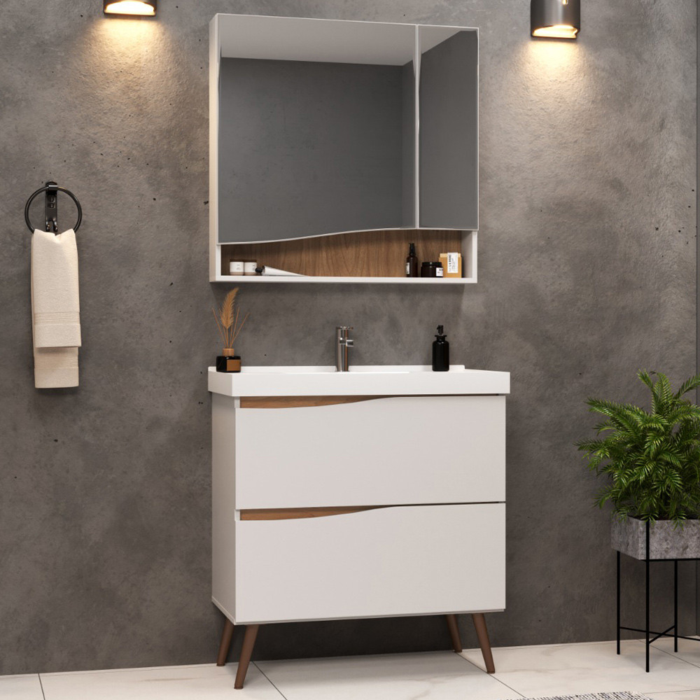 Conjunto Banheiro Gabinete Com Pés e Armário Com Espelho 80cm Evie B06 Branco Tau - Lyam Decor