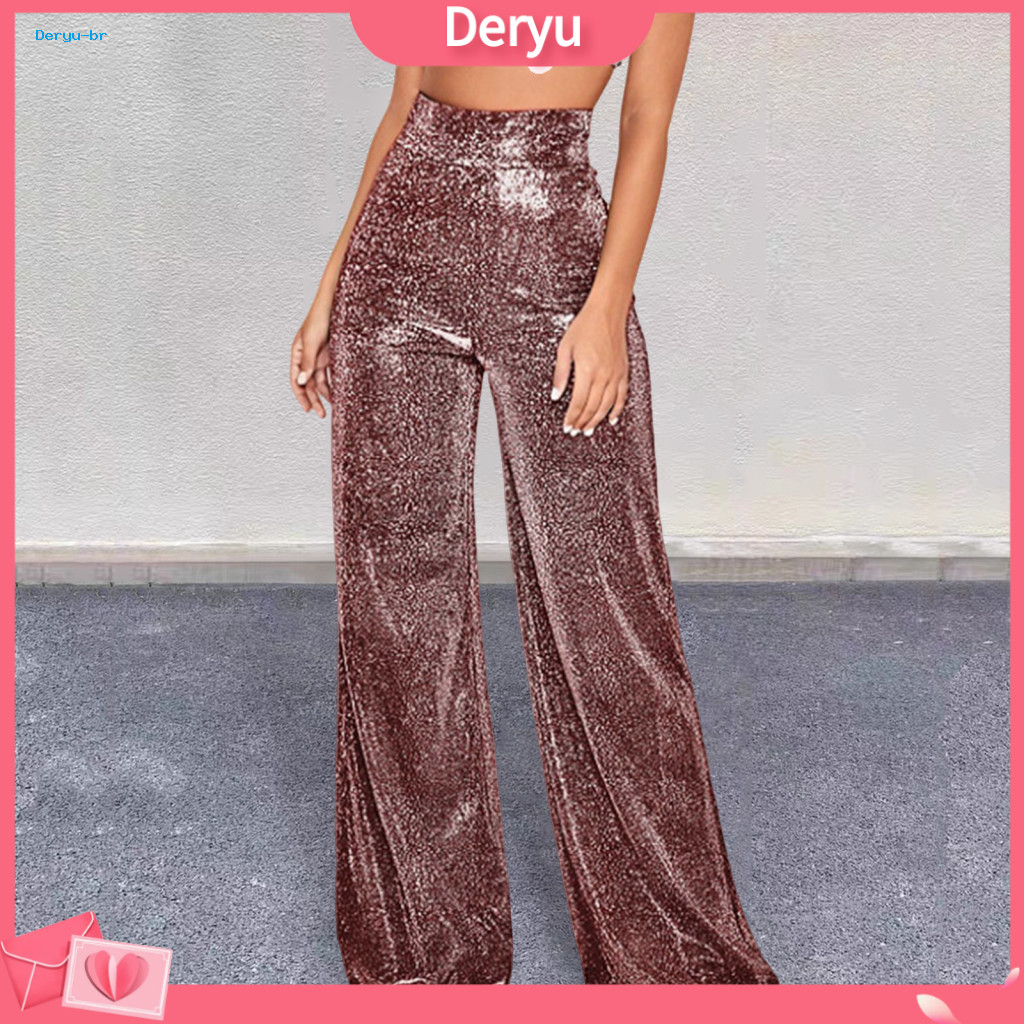 Glossy Fabric Wide-leg Pants Women Trousers Sparkle in Style Women's Wide Leg Glitter with Hot Stamping Design for Clubs