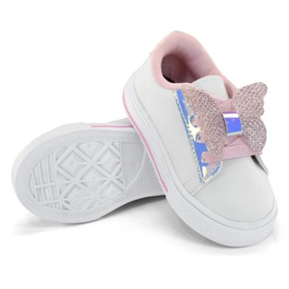 Tênis Infantil Menina Escolar Confortável Antiderrapante Branco e Rosa  com Detalhe Borboleta Glitter no Cadarço em Oferta na Shopee
