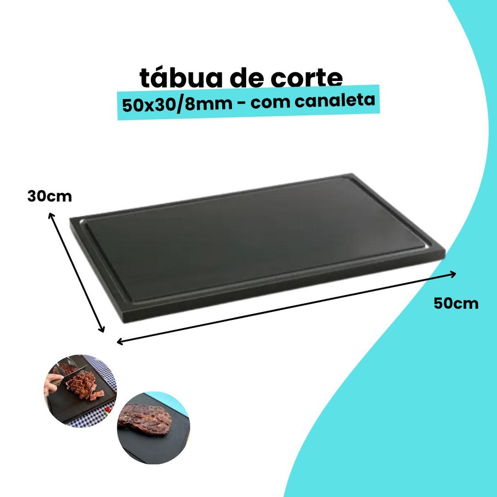 Tabua De Corte Preta Com Canaleta 50x30 8MM Antibacteriana Polietileno