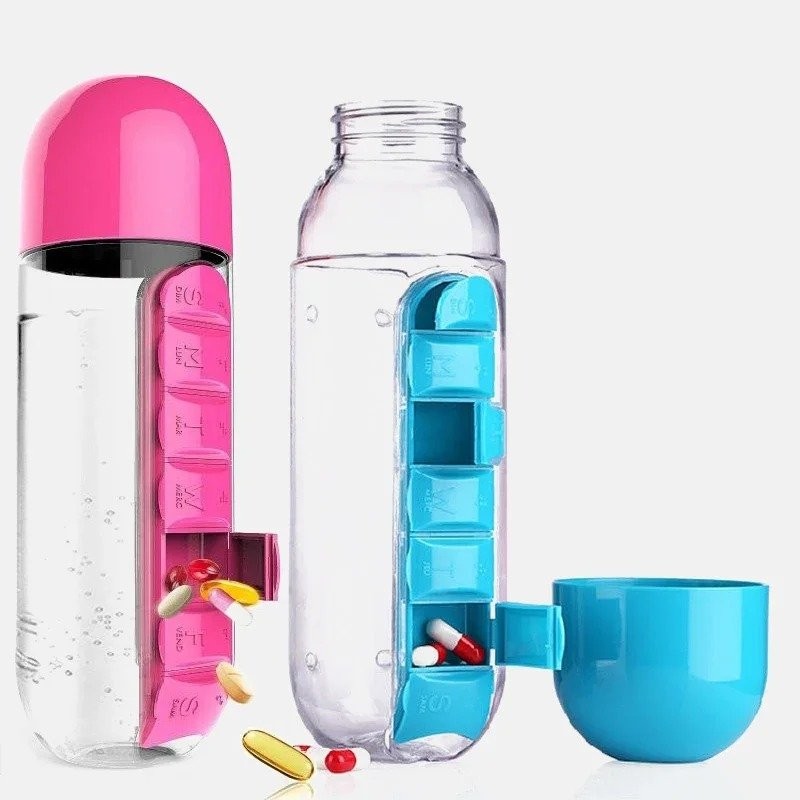 Garrafa 600ML Multifuncional com Porta Comprimido Remédio Vitaminas