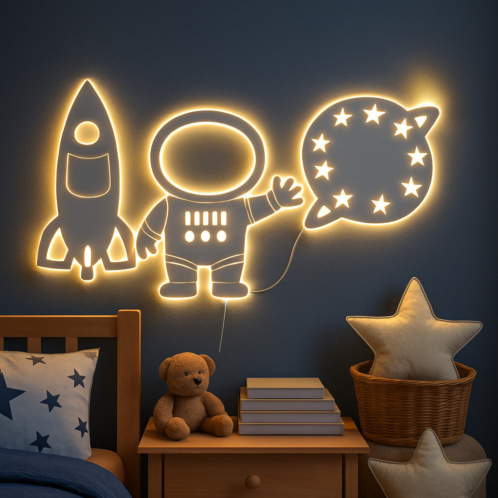 Kit 3 Luminárias LED Infantil Astronauta Foguete Planeta Espacial Quarto Menino Decoração MDF Quadro Parede Decorativo