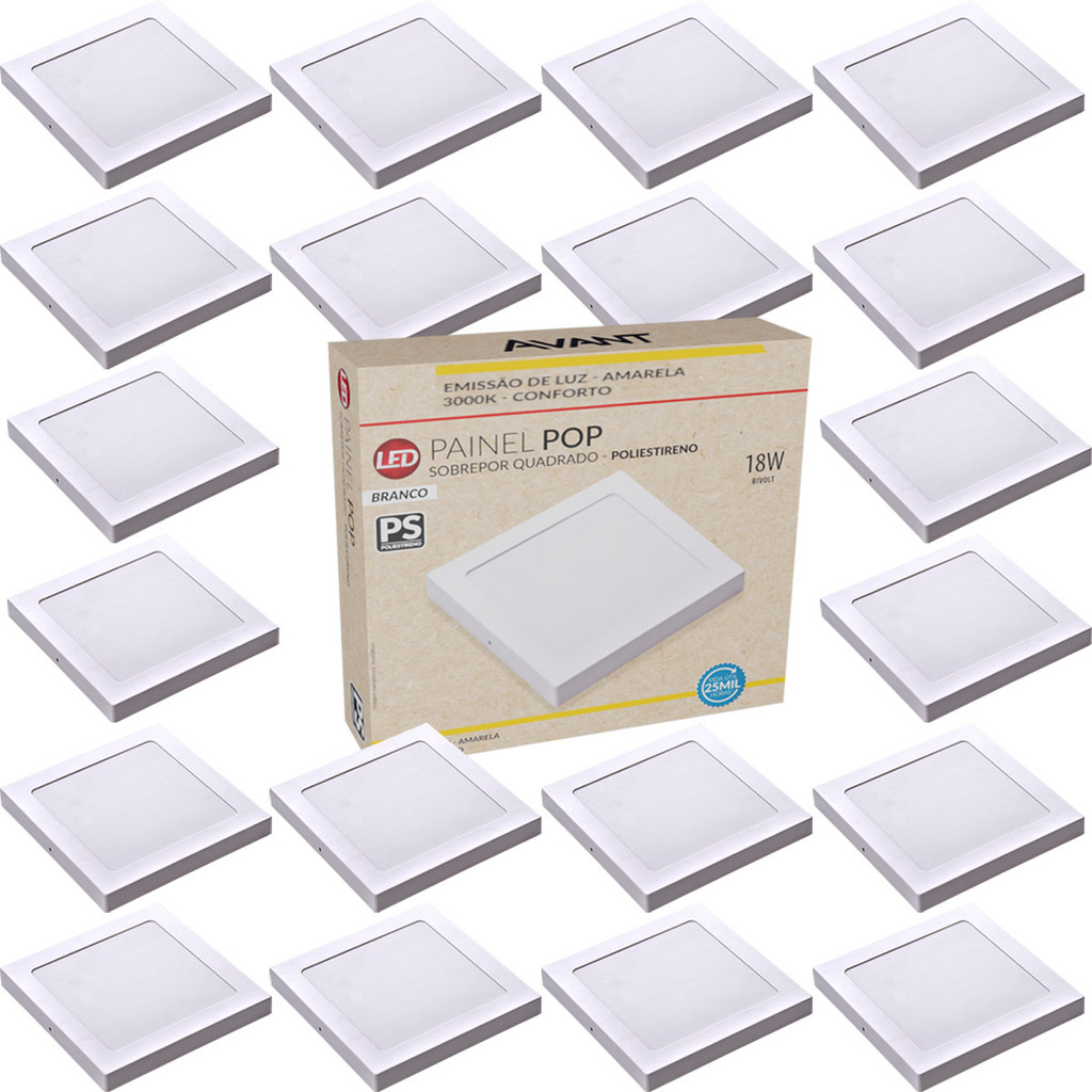 Kit 20 Luminária Teto Painel Plafon 18W Sobrepor Quadrado Branco Quente 3000K Bv em Oferta na Shopee