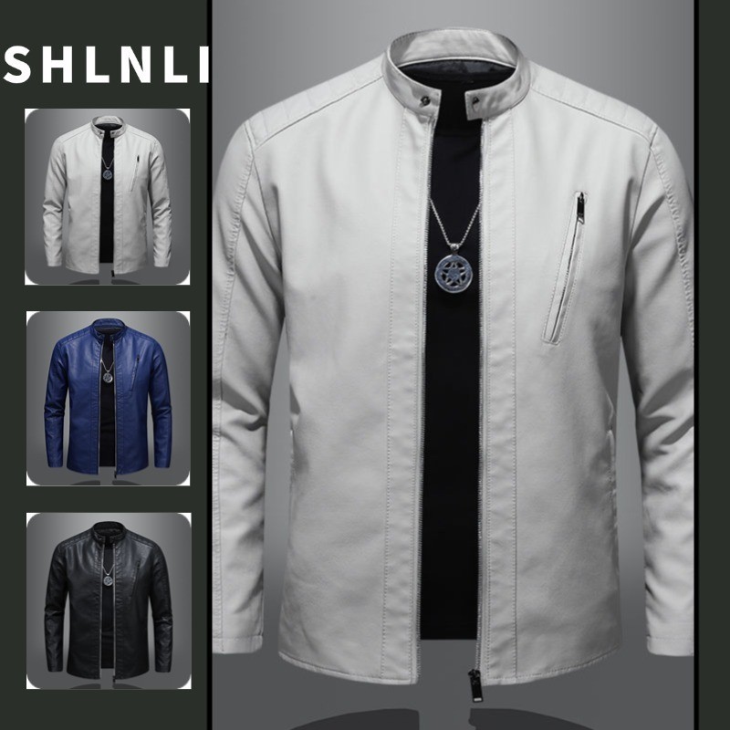 Cor Sólida Masculina Gola Alta Moda À Prova De Vento Jaqueta De Couro Primavera E Outono Fino Ajuste Lazer Casaco Da Mot