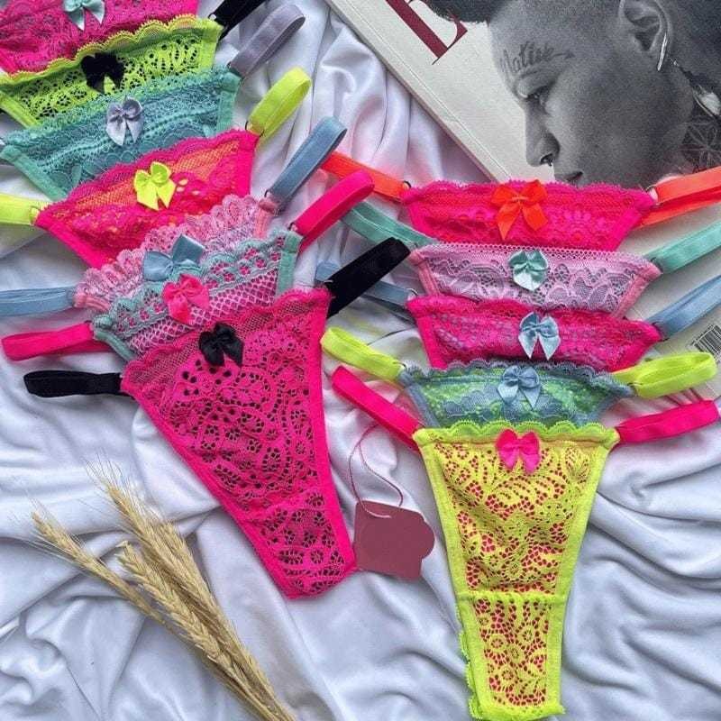 Kit 3 Calcinha Tanga Rendada Bicolor Neon Lingerie Calcinha com Regulagem Feminina Sexy Renda