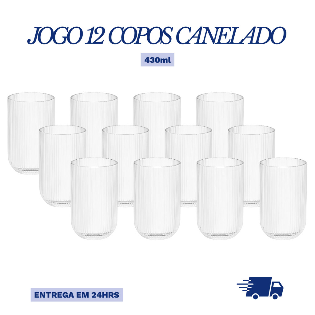Jogo de 12 Copos Vidro Canelado 430ml Transparente Frisado Elegante e Resistente Taça Água Suco em Oferta na Shopee