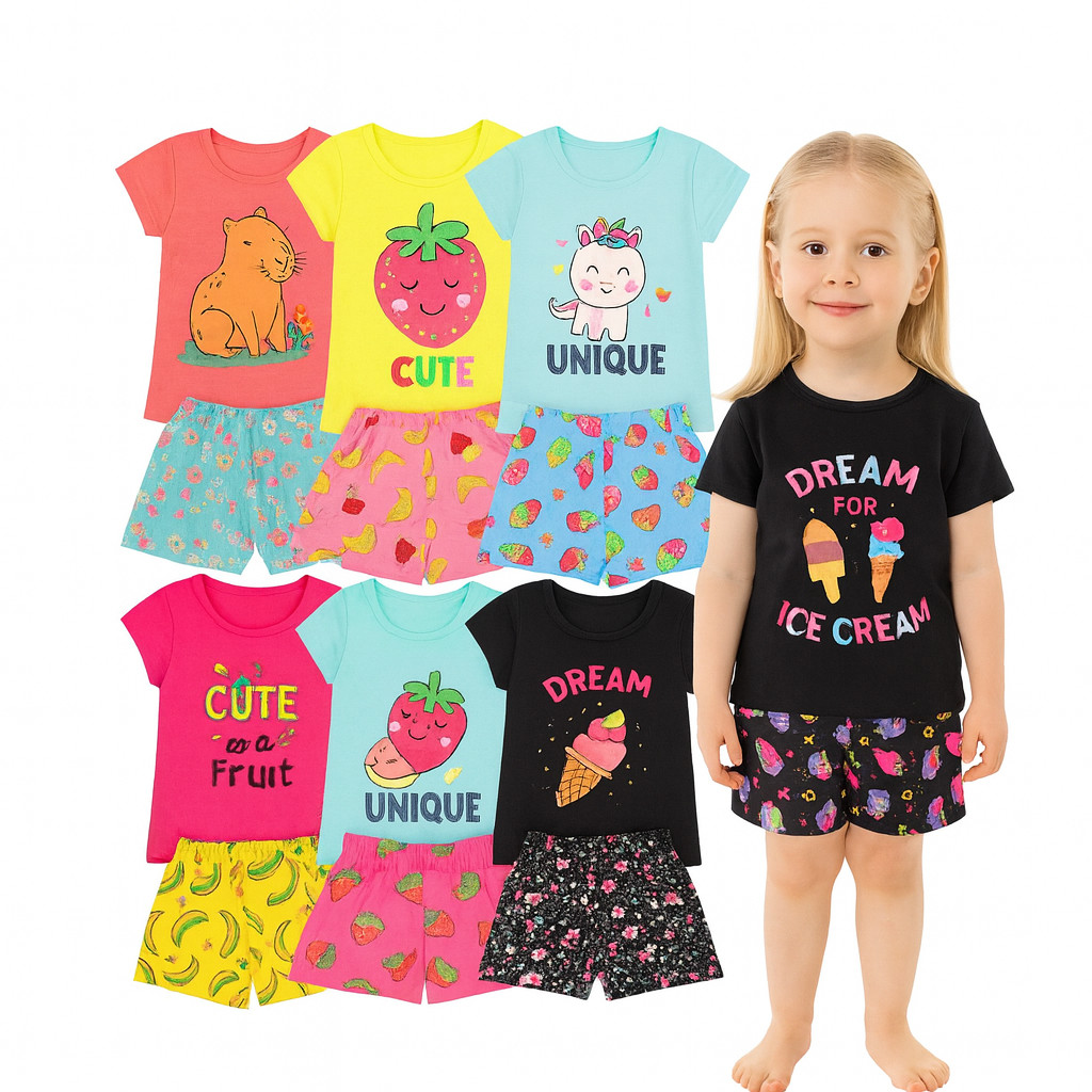 Kit Sortido 4 Peças de Roupas Infantil Menina Verão - 2 Camisetas + 2 Bermudas - Kit 2 Conjuntos Infantil Menina Verão