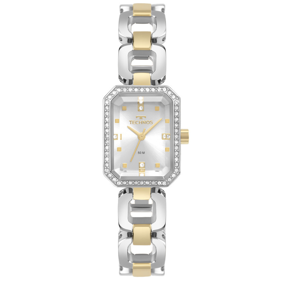 Relogio Technos original feminino prata dourado quadrado pequeno pulseira elos 2036MTG/1K