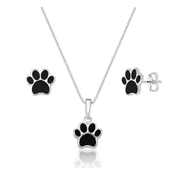 Kit brincos e colar prata 925 patinha de cachorro resinada