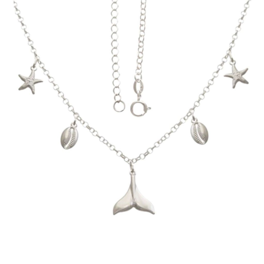 Colar Feminino de Prata 925 Rabo de Sereia com Estrela do Mar e Búzio