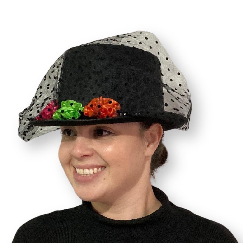Cartola Preta com Véu Caveira e Flores para Fantasias