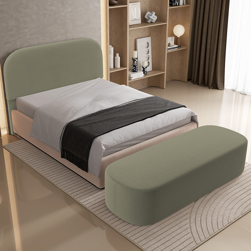 Cabeceira Cama Box Casal 195cm Lanna com Puff Recamier Doha W01 Bouclê Oliva - Lyam Decor