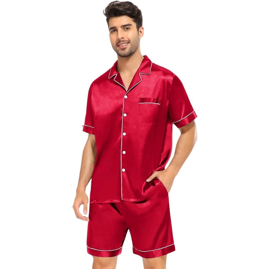 Pijama Masculino Marcos em Cetim com Elastano Short e Camisa Manga Curta Bolso Botões Vermelho