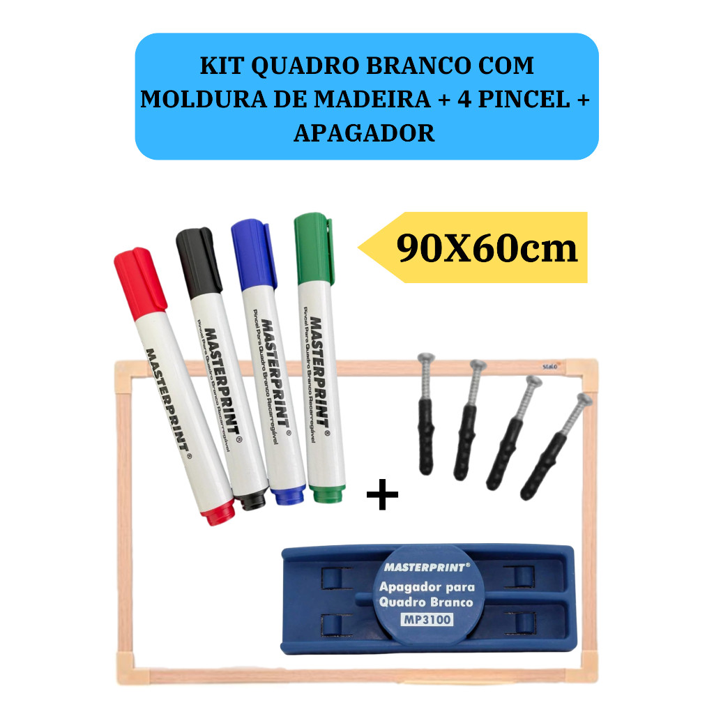 Lousa Branca Quadro Branco 90x60cm + 4 Pincel Marcadores  + 1 Apagador Didática Média
