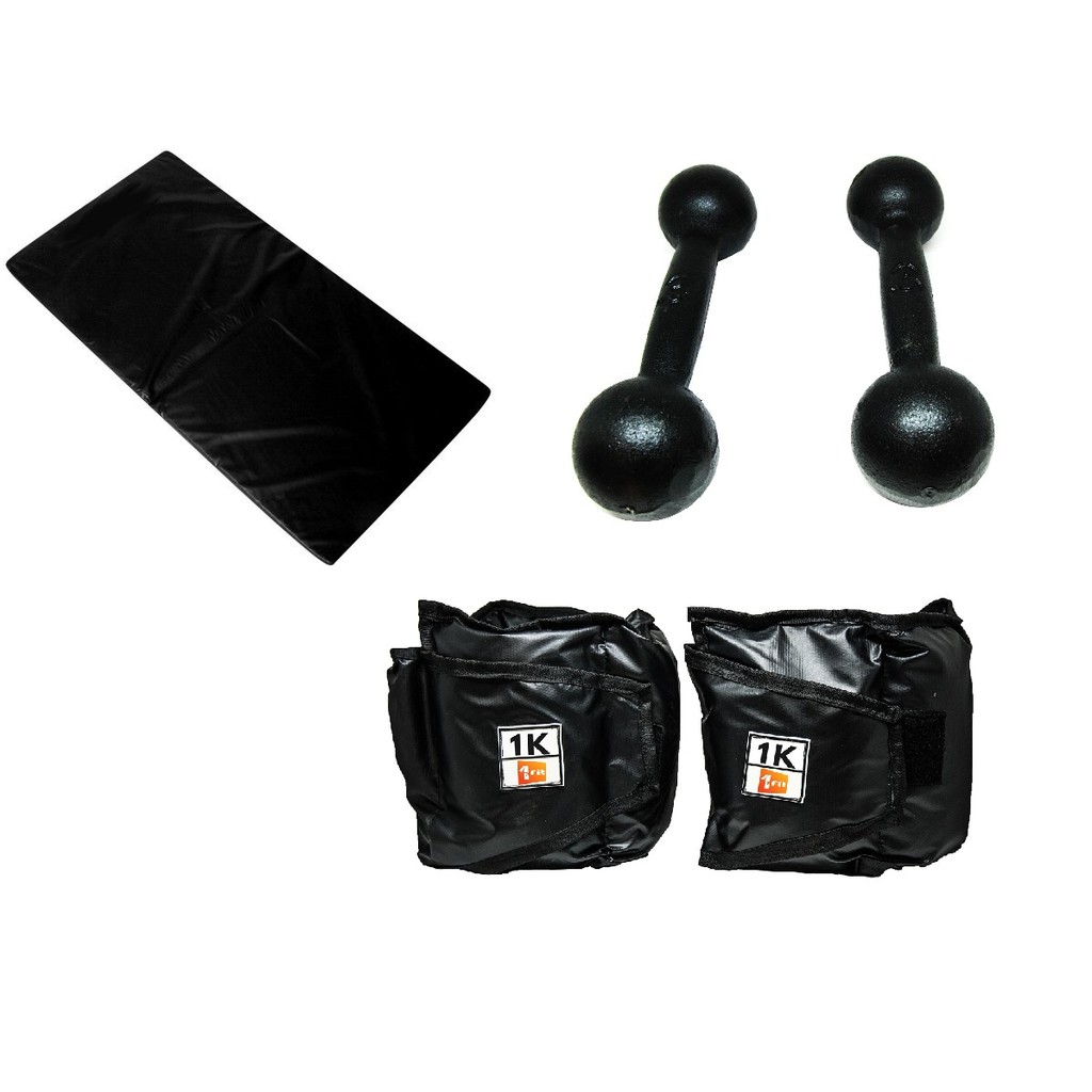 Kit Colchonete Preto + Par de Caneleira 1kgs+ Par de Halter Bola Pintado 3kg