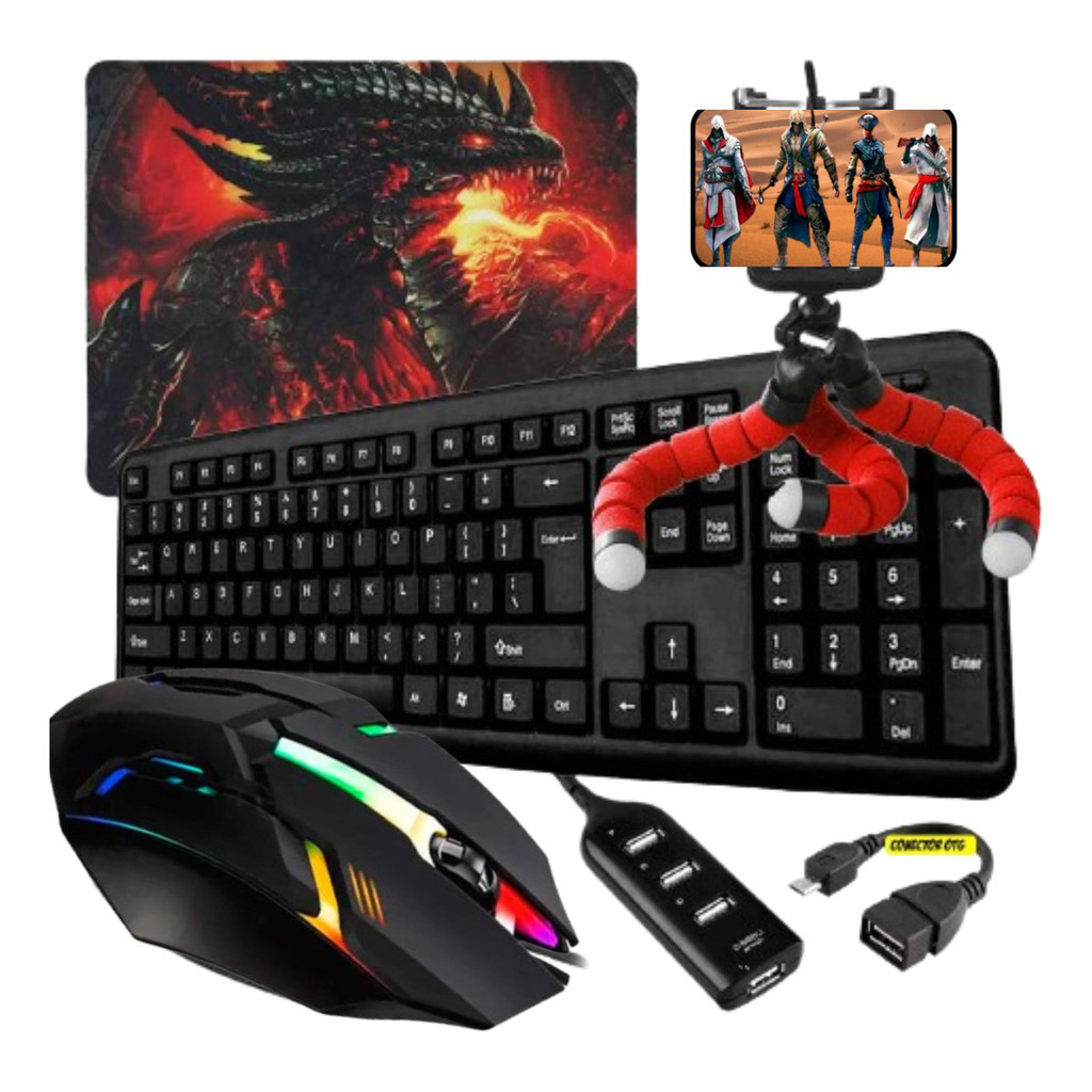 Kit Gamer Completo Mobilador Teclado Mouse Top Led Cor Do Teclado Preto Cor Do Mouse Preto / Tipo C