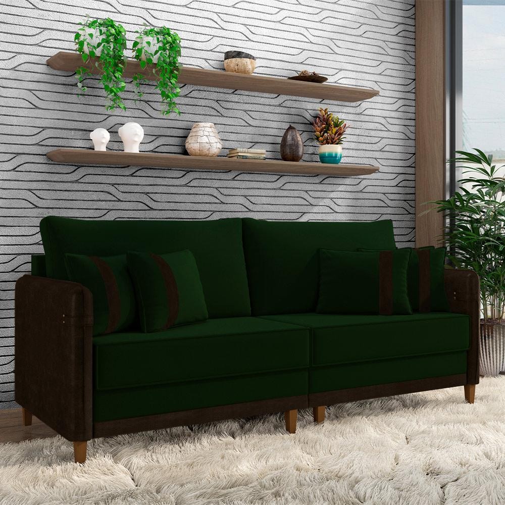 Imagem Sofá Living Montecarlo 2 Lugares Bipartido 172cm Pés em Madeira Veludo/PU Verde/Marrom G33 - Gran Belo