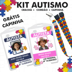 Kit Completo Crachá autismo + cordão quebra cabeça com trava de segurança + capinha protetora