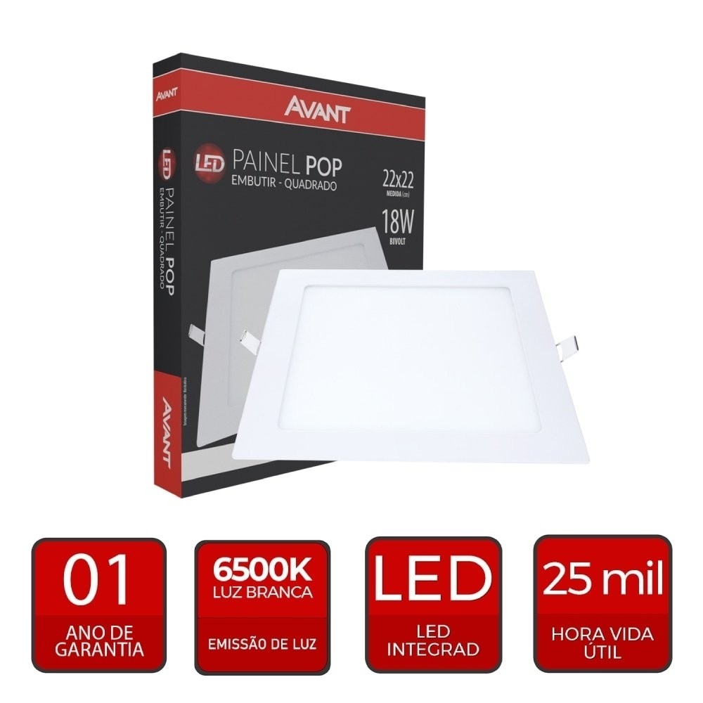 Detalhes do Kit 10 Paflons - Plafon Painel Avant Led 22cm Quadrado Embutir 1260 Lumens 6,5K 18W Bivolt