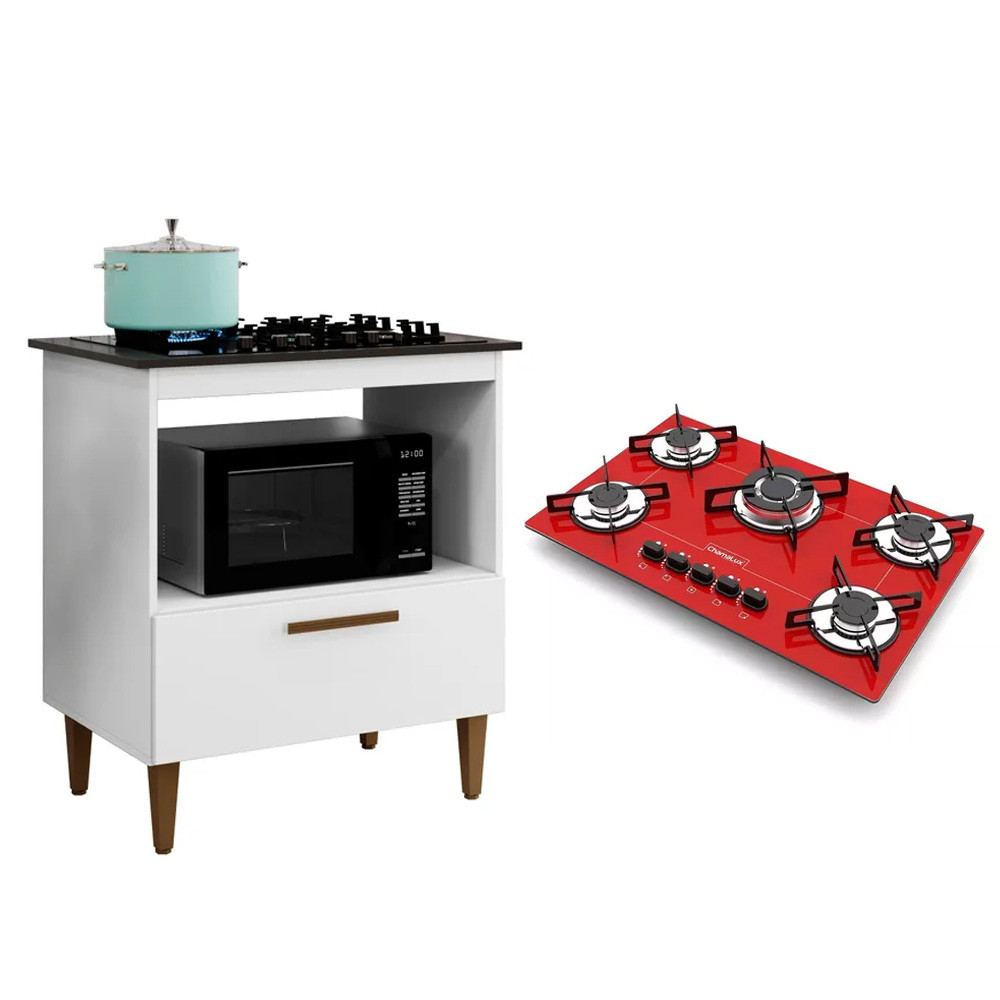 Kit Balcão para Cooktop Cozinha Kaiki Eliz com Fogão Cooktop 5 Bocas Tripla Chama Vermelho - Home & Living
