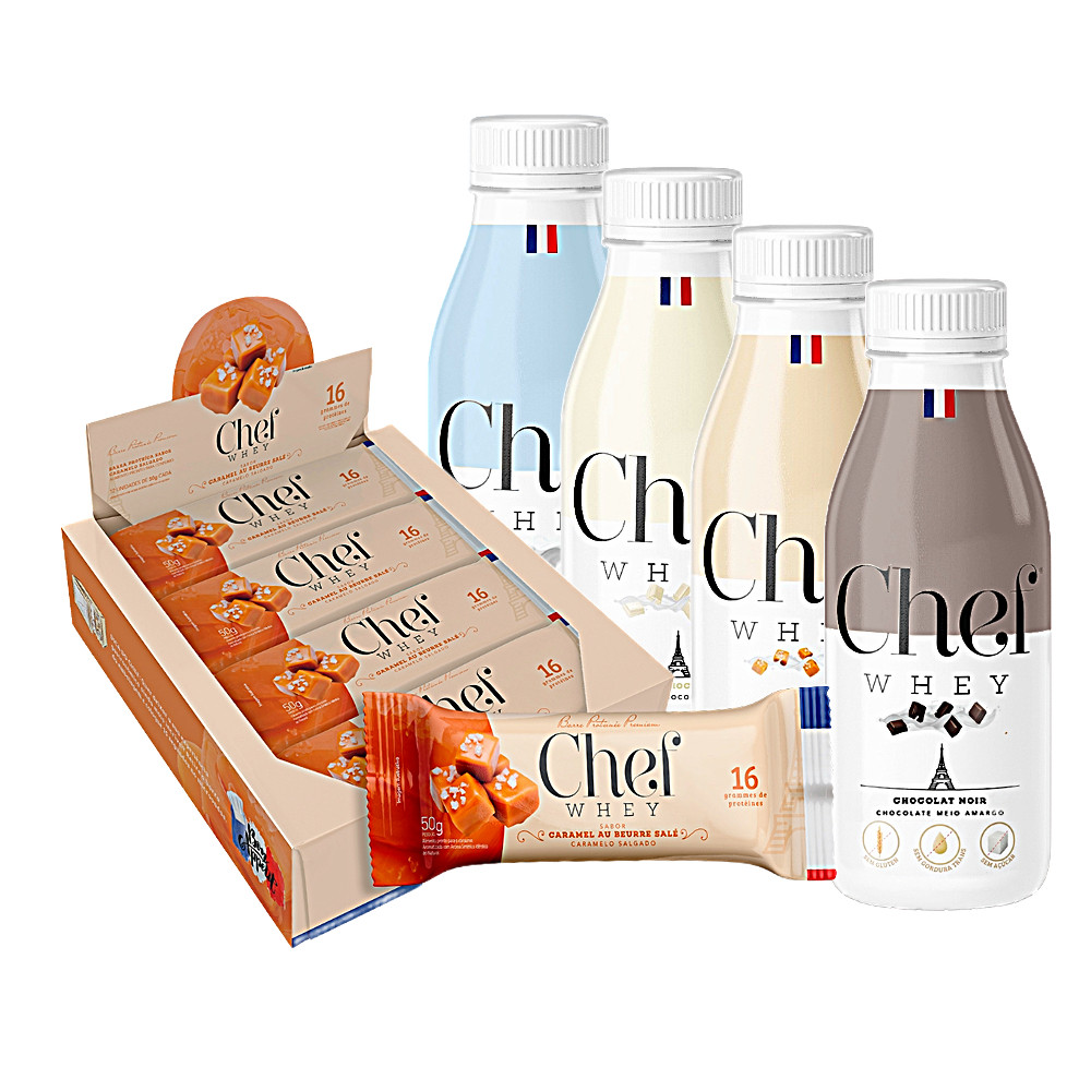 Kit Barra de Proteína Premium Display C/ 12Un  + Chef Whey Protein Gourmet Dose Única - Chef Whey