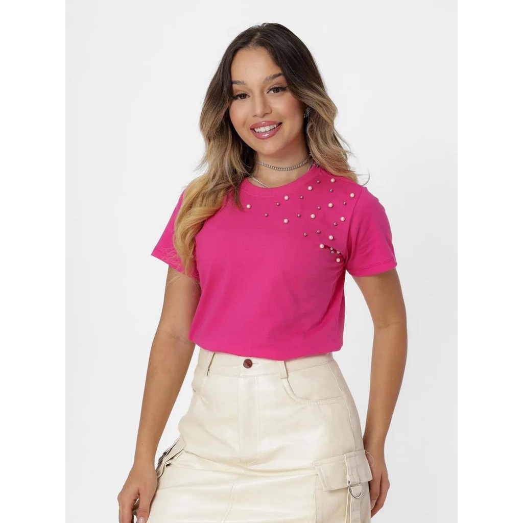 T-SHIRT PEROLAS NO OMBRO  - ROSA PINK em Oferta na Shopee