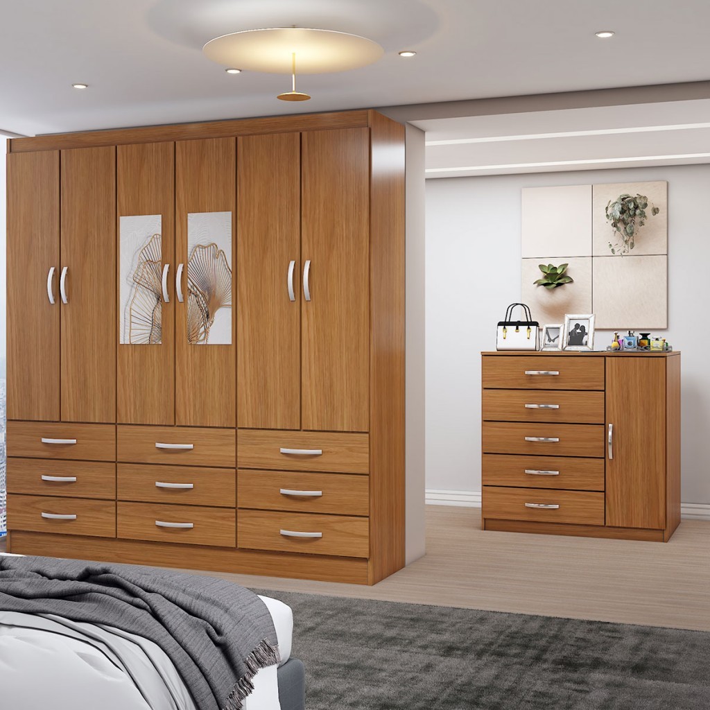 Guarda-Roupa Casal Tyler 6 Portas 9 Gavetas e Espelho com Cômoda 1 Porta 5 Gavetas Cinamomo - Panorama Móveis em Oferta na Shopee
