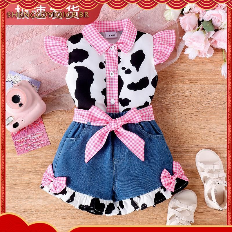 CIYCUIT-1-6 Anos Kid Girl 2Pcs Roupas De Verão Manga De Mosca Vaca Botão De Impressão Camisa + Calção Denim Conjunto De