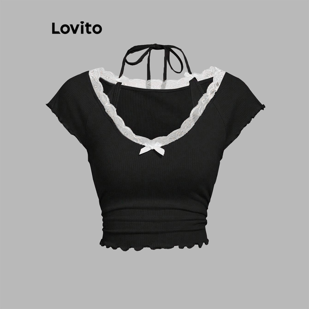 Lovito Camiseta Casual Com Laço Liso E Laço Para Mulheres L104ED674 - Women Clothes