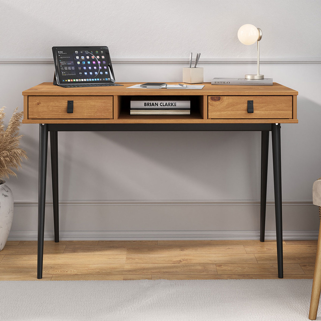 Mesa Escritório Madeira Preto Retro 2 Gavetas 1 Nicho Kim em Oferta na Shopee