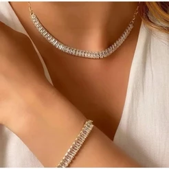 Colar e Pulseira Baguete Cristal Banhado a Ouro 18k