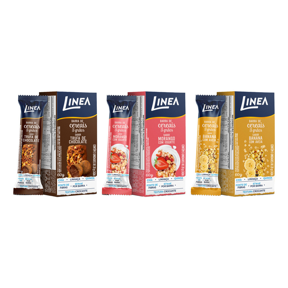 Kit 3 Caixas de Barra de Cereal 3 Grãos Integrais Linea Sabor Banana com Aveia, Morango com Iogurte e Trufa de Chocolate - Food & Beverages