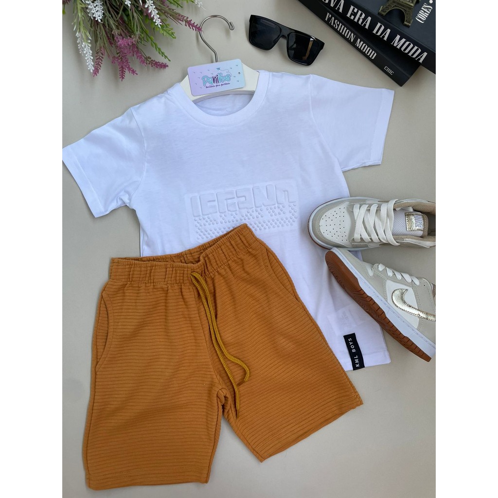 Conjunto Menino Infantil Camisa Texturizada e Bermuda Moletinho