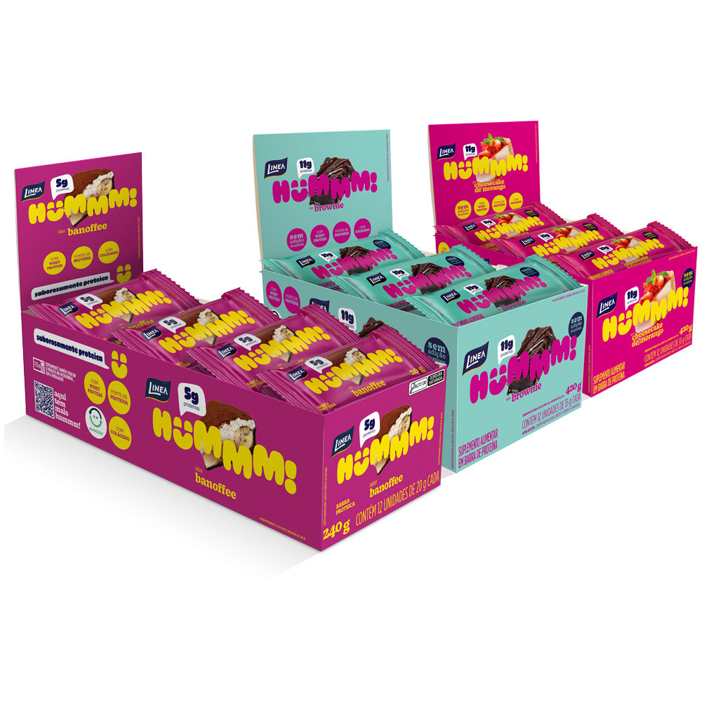 Kit 3 Displays Hummm! Snack Proteico Sabor Brownie, Cheesecake de Morango e Banoffee Caixa com 12 unidades - Food & Beverages