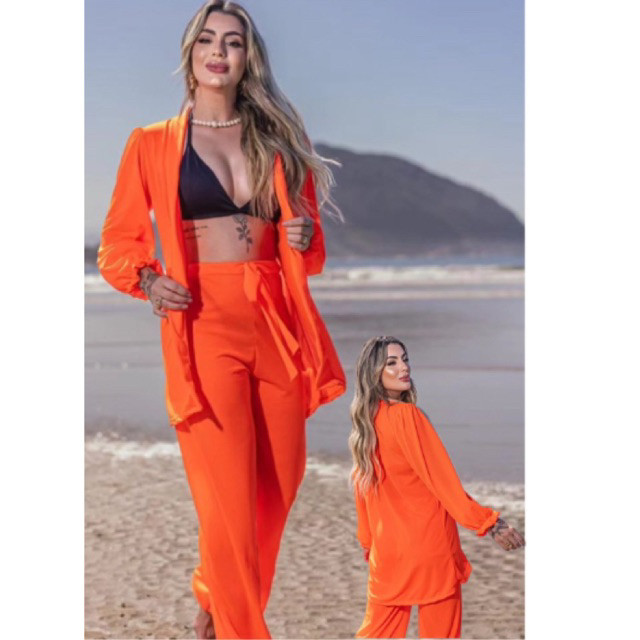 CONJUNTO FEMININO SAÍDA DE PRAIA calça e kimono camisa em tule moda praia feminina piscina saida