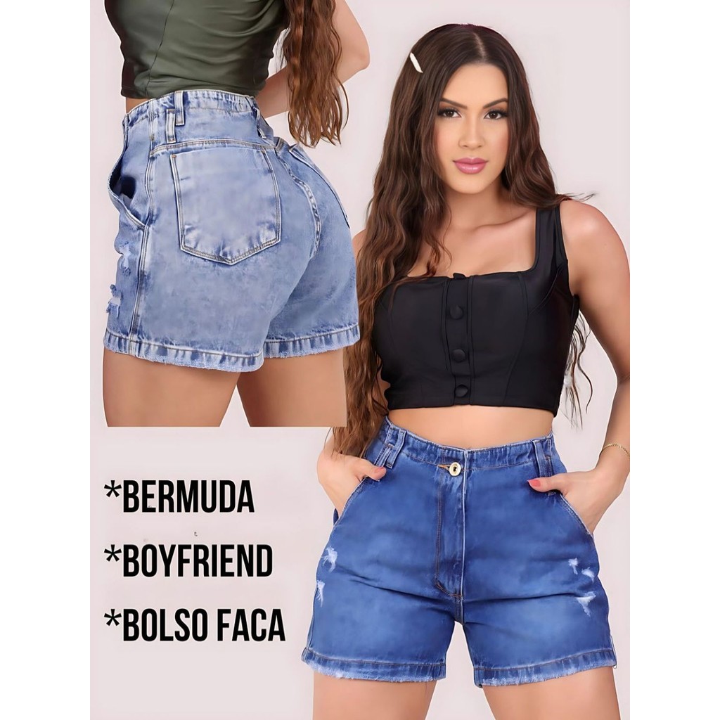 Kit Short Unidade Bermuda Boyfriend Meia Coxa Cintura Alta Feminino  Jeans Short  100% Algodão Confortavel em Oferta na Shopee