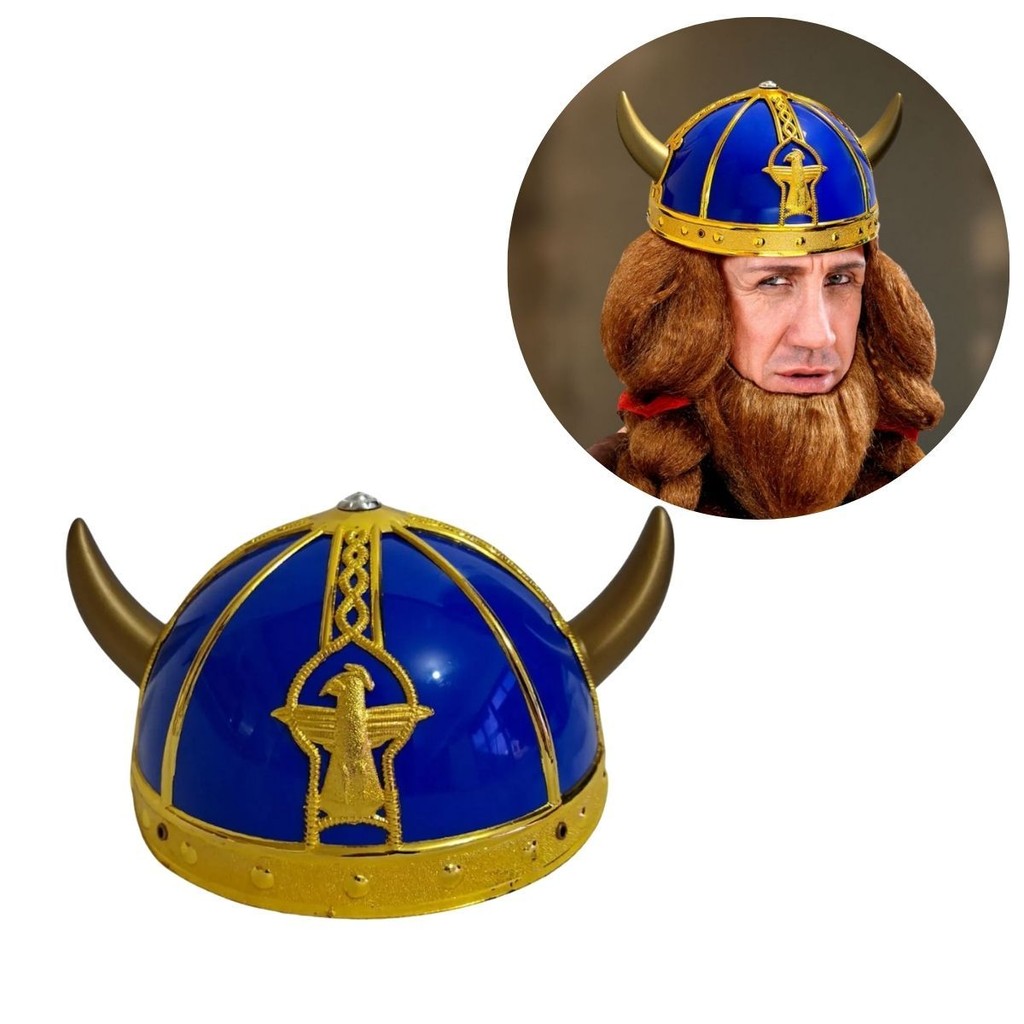 Capacete Viking Chifre Curto Gaulês Azul e Dourado