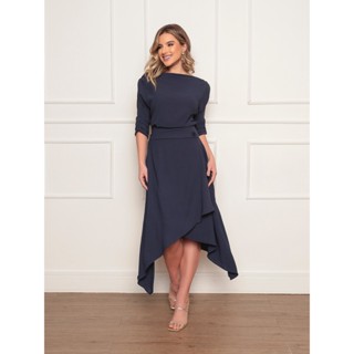 Conjunto Elegante Feminino em Tecido Duna com Blusa de Manga Dobrável e Saia Assimétrica com Botão Decorativo em Oferta na Shopee