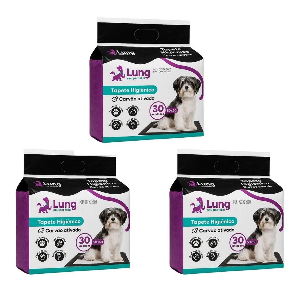 Kit 3 Tapete Higienico p/ Cachorro Pet Carvão Ativado 50x60cm 30un Colante c/ Aba Gel Absorvente