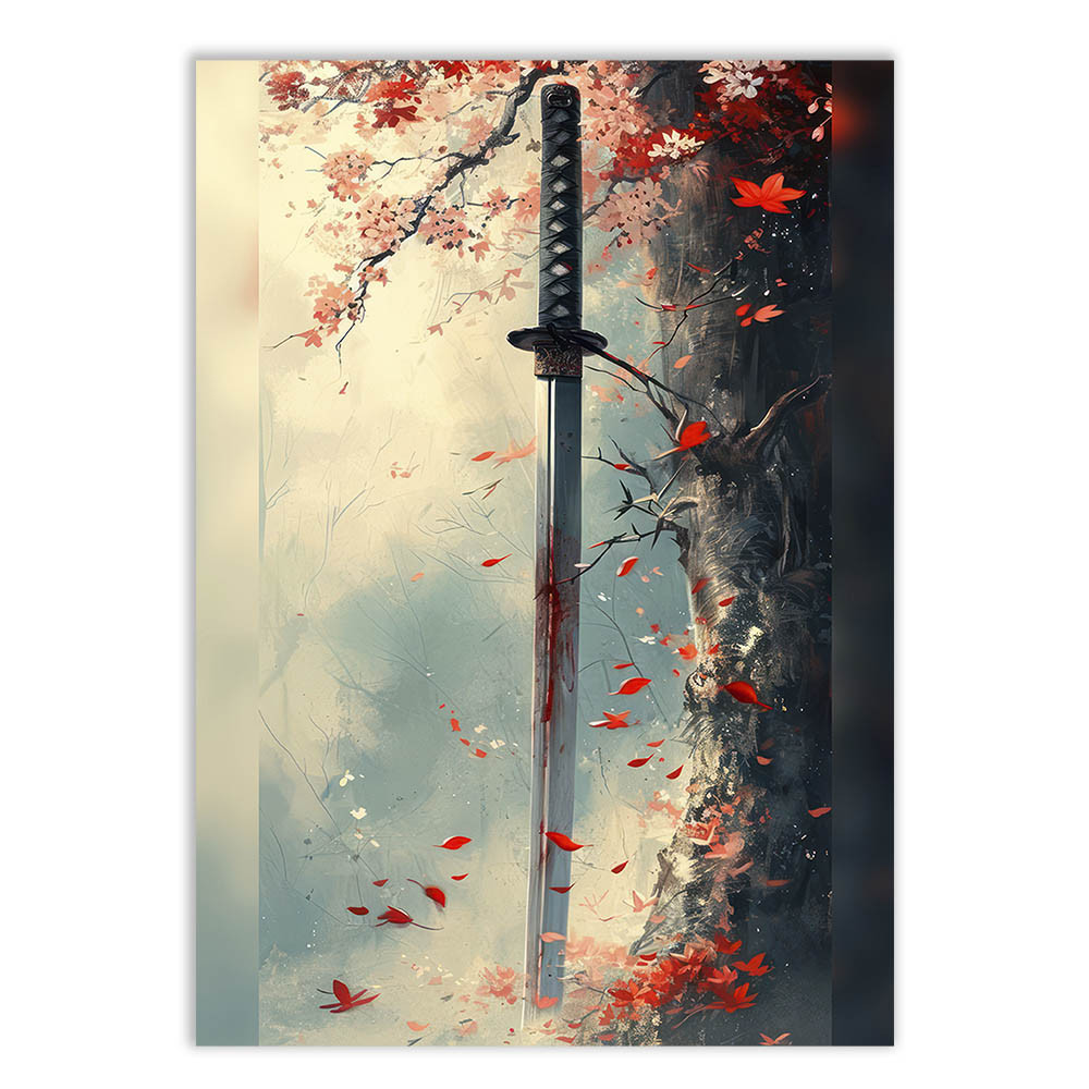 Placa Decorativa Katana Arvore Ilustração Japão Decoração Poster Quarto Sala