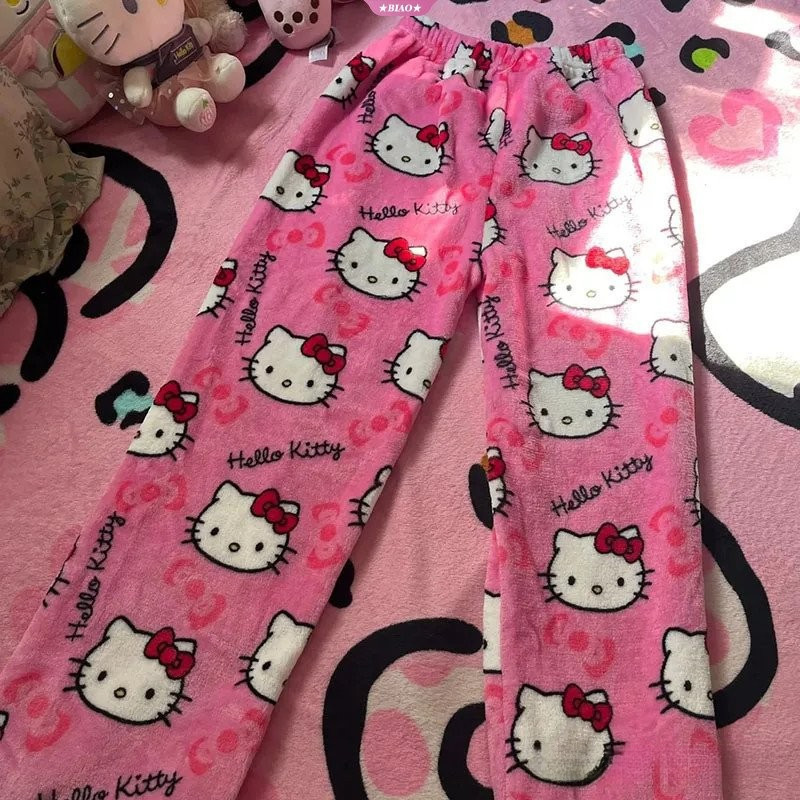Detalhes do Y2k Hello Kitty Pijamas Calça Anime Sanrio Flanela Kawaii Mulher Algodão Elástico Casual Quente Casal Casa